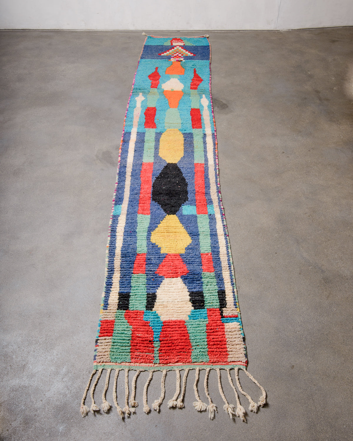 Modern, designer, handcrafted Berber runner rug from Morocco. Vintage carpet with beautiful colours and patterns and fluffy texture.